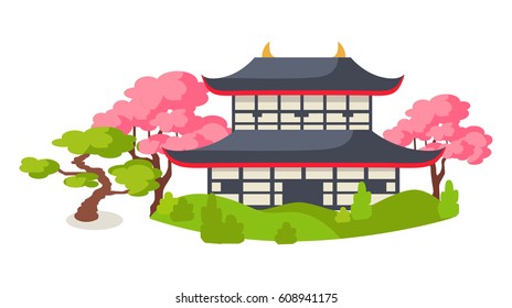 Japanese pagoda in cherry blossom flat vector illustration isolated on white background. Asian traditional architecture and garden art illustration for touristic concept. travel company ad     
