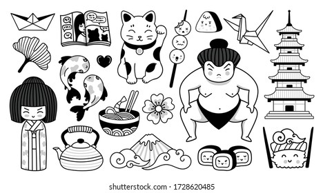 Japanese pagoda, geisha, sumo wrestler, manga and fuji mountain. Traditional national symbols of Japan. Kawaii cartoon character. Doodle outline vector illustrations for coloring book, tattoo, print.