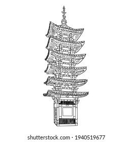 Japanese pagoda landmark, Buddha and saint tomb near temple in traditional Japan style. Architecture building made of wood. Spiritual stupa or monument with tiers and roof eaves. Vector.