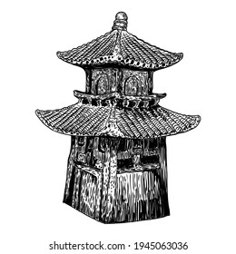 Japanese pagoda landmark, Buddha and saint tomb near temple in traditional Japan style. Architecture building made of wood. Spiritual stupa or monument with tiers and roof eaves. Vector.