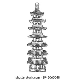 Japanese pagoda landmark, Buddha and saint tomb near temple in traditional Japan style. Architecture building made of wood. Spiritual stupa or monument with tiers and roof eaves. Vector.