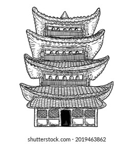 Japanese pagoda landmark, Buddha and saint tomb near temple in traditional Japan style. Architecture building made of wood. Spiritual stupa or monument with tiers and roof eaves. Vector.