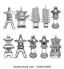 Japanese pagoda landmarks, Buddha saint tombs and street lamps. Traditional Japan style. Asian lantern. Garden stone lamp Toro. Architecture building made of wood. Spiritual stupa. Set. Vector.