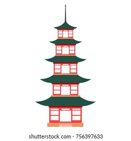 Japanese pagoda on isolated white background in flat design. Element for creating a level of mobile game. Historical building. Vector illustration