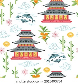 Japanese pagoda seamless pattern for wallpaper design. Nature background vector. Vector illustration design. Vintage style. Simple design. Sketch drawing.