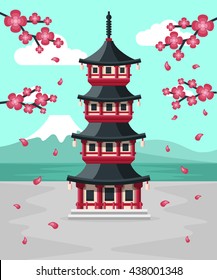 Japanese Pagoda at Spring with Mount Fuji in the Background. Flat Design Style.
