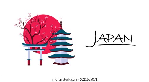 Japanese pagoda and Torii gate on red sun and flowering sakura tree with text "Japan". Japan traditional symbols. Architecture landmark. Spring Asian nature concept. Flat vector, Isolated on white