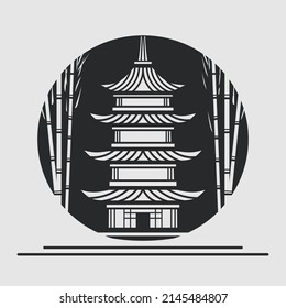 Japanese pagoda vector silhouette line pop art potrait logo colorful design. Abstract vector illustration. Isolated black background for t-shirt, poster, clothing.