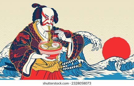 Japanese Painting Background Illustration of Men eats Ramen Noodle