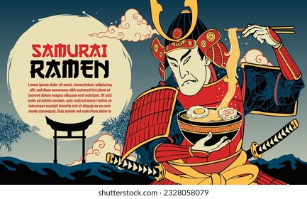 Japanese Painting Background of Samurai Warrior Eats Ramen Noodle