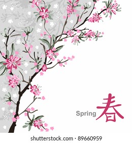 Japanese painting of flowers, background with sakura blossom