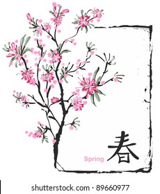 Japanese painting of flowers, background with sakura blossom