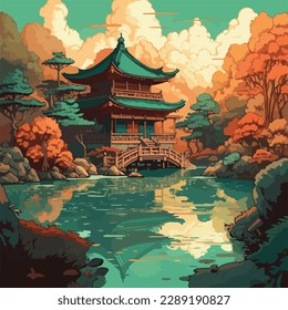 un palacio japonés y agua