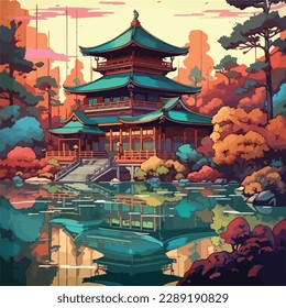 ein japanischer Palast und Wasser