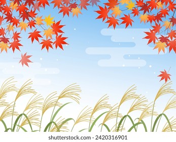 Japanese pampas grass, autumn leaves, and Japanese clouds background frame