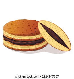 Japanese pancakes dorayaki whole and cut with chocolate filling in cartoon flat style