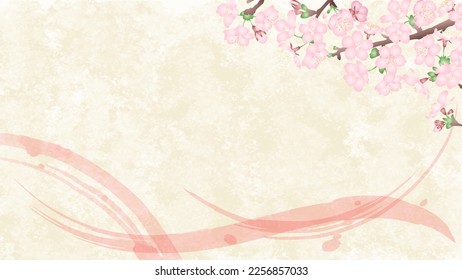 Japanese paper background with pink brush strokes and Japanese style material of three-dimensional cherry blossom branches. Vector illustration.