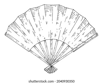 Japanese paper fan. Vintage vector engraving black monochrome illustration. Isolated on white background. Hand drawn design ink