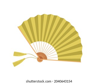 Japanese paper hand fan with fringe and bamboo decor. Asian traditional souvenir, folding object. Oriental handheld retro accessory. Colored flat vector illustration isolated on white background