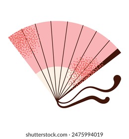 Japanese paper hand fan with fringe and bamboo decor. Asian traditional souvenir, folding object. Oriental handheld retro accessory. Flat vector illustration isolated on background