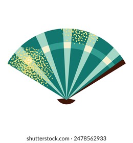 Japanese paper hand fan with fringe and bamboo decor. Asian traditional souvenir, folding object. Oriental handheld retro accessory. Flat vector illustration isolated on background