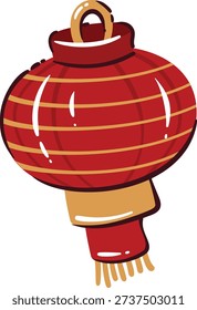Japanese paper lantern with red round shape and tassel. Traditional chochin lamp detail, Asian street decor, hand drawn style. Japan culture symbol, cartoon vector illustration.