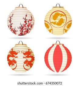 Japanese paper lantern set isolated on white or vector chinese hanging lanterns for happy mid-autumn festival or chinese new year