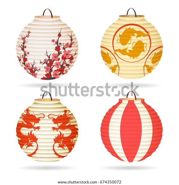Japanese paper lantern set isolated on white or\
vector chinese hanging lanterns for happy mid-autumn festival or\
chinese new year