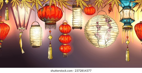 Japanese paper lanterns, vector border. Banner with asian decorations with traditional ornament and sakura flowers for the Chinese New Year. Colored hand drawn oriental illustrations in sketch style.