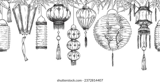 Japanese paper lanterns, vector seamless border, isolated on white background. Banner with asian traditional ornament for the Chinese New Year. Hand drawn oriental illustrations in sketch style.
