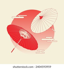 japanese paper umbrella. Japanese traditional umbrella illustration in Japanese style. Vintage vector illustration. design for gift, print, business, card. Asia. Japan Tourism Poster, template