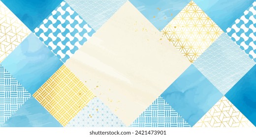 Japanese paper, watercolor-style_light blue and gold square Japanese pattern background illustration
