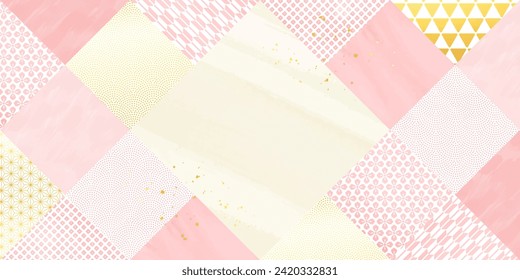 Japanese paper, watercolor-style_pink and gold square Japanese pattern background illustration
