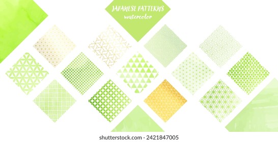 Japanese paper, watercolor-style_yellow green and gold square Japanese pattern material set
