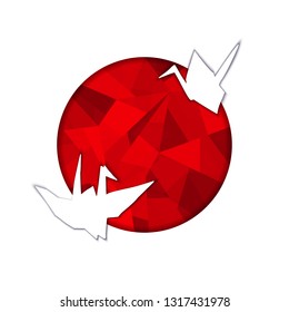 Japanese papercut design template with origami and red circle in low poly style as a background. Bird silhouettes on national flag of Japan. Design art template for modern logo, web banner, postcard