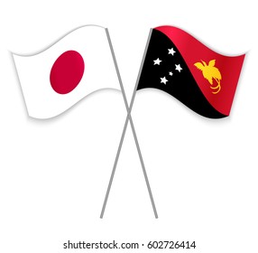 Japanese and Papuan crossed flags. Japan combined with Papua New Guinea isolated on white. Language learning, international business or travel concept.
