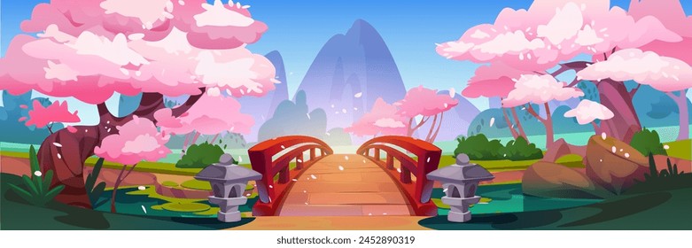 Japanese park with pink flowering sakura trees, bridge over pond or river, mountains on background. Cartoon vector spring landscape of city garden with cherry blossom and grass for hanami festival.