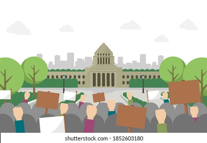 Japanese parliament building and people demonstrating vector banner illustration (no text)