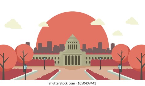 Japanese parliament building vector banner illustration / sunset, sunrise