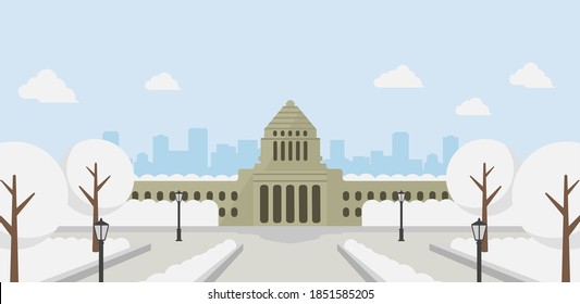 Japanese parliament building vector banner illustration / winter