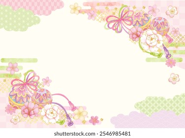 Japanese pattern background of ball and string ribbon painted in watercolor