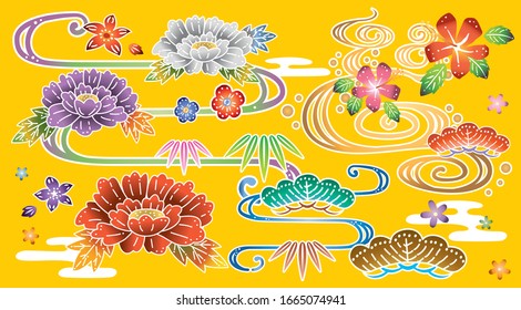 Japanese pattern. Background design with flowers and waves. yellow