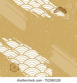 Japanese pattern background. Gold collage design vector with decoration elements. Brush stroke bonsai elements in vintage style.