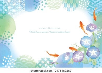Japanese pattern background of morning glory and goldfish with watercolor touch