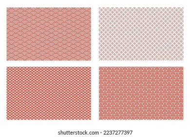 Japanese pattern background set in vermilion. Seigaiha, Shippo, Hanabishi and Kumikikko.