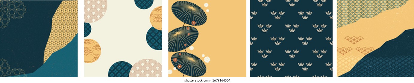 Japanese pattern and background vector. Abstract and geometric elements. Umbrella, bamboo and wave template in vintage.