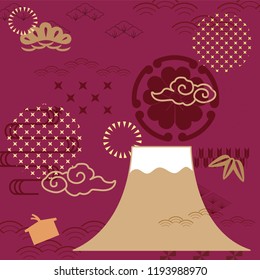 Japanese pattern background vector. Fuji mountain, cloud, pine, flower elements. 