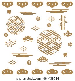 Japanese pattern background vector. Gold geometric shape with Graphic element such as bush, bamboo, flower, wave for apply to poster, cover page, template, card.