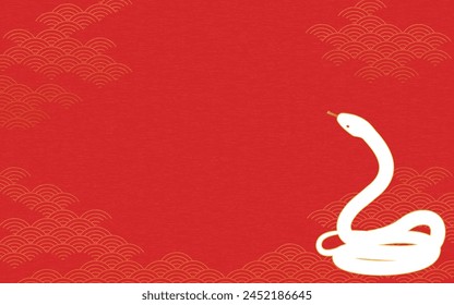 Japanese Pattern Background with White Snake and Blue Sea Waves, Vector Illustration