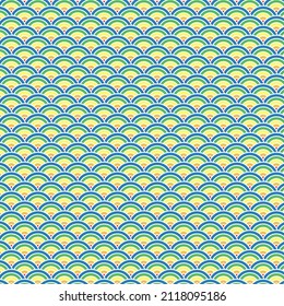 Arco azul, naranja y amarillo de patrón japonés. Resumen de fondo de arte circular. Inspiración ondulada estilo retro clásico, Diseño de tela en línea curva azul y amarilla. Patrón oriental. Fondo multicolor.